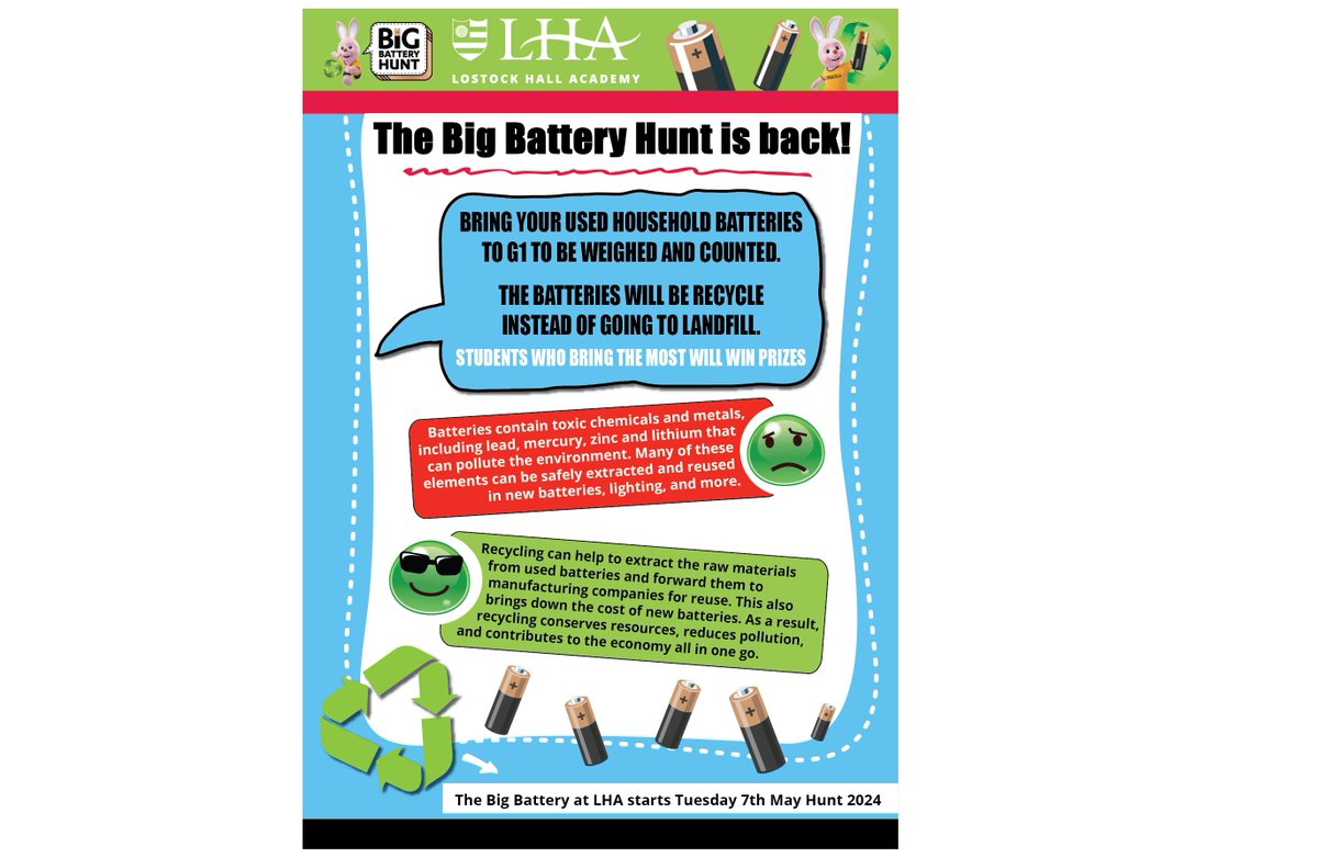 ⚡️♻️ The Big Battery Hunt returns! Join us in energising the LHA #EcoClub by sending in your used batteries and be in with a chance of winning a prize.♻️💡 #EcoSchools #Recycle #BigBatteryHunt #ReduceReuseRecycle