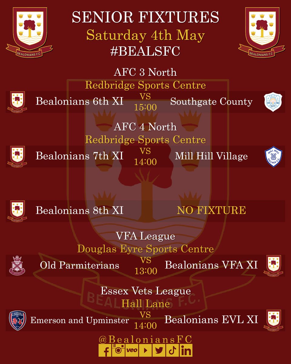 Game Week 35 and with fixtures completed for our 3s and 4s and no fixture for our 8s leaves just the 7/10 senior teams in action this weekend.

Good luck to all ⚽️⚽️⚽️⚽️

-

#BealsFC #Grassrootsfootball #Football #Footballforall #Weonlydopositive #Essex #London #getinvolved