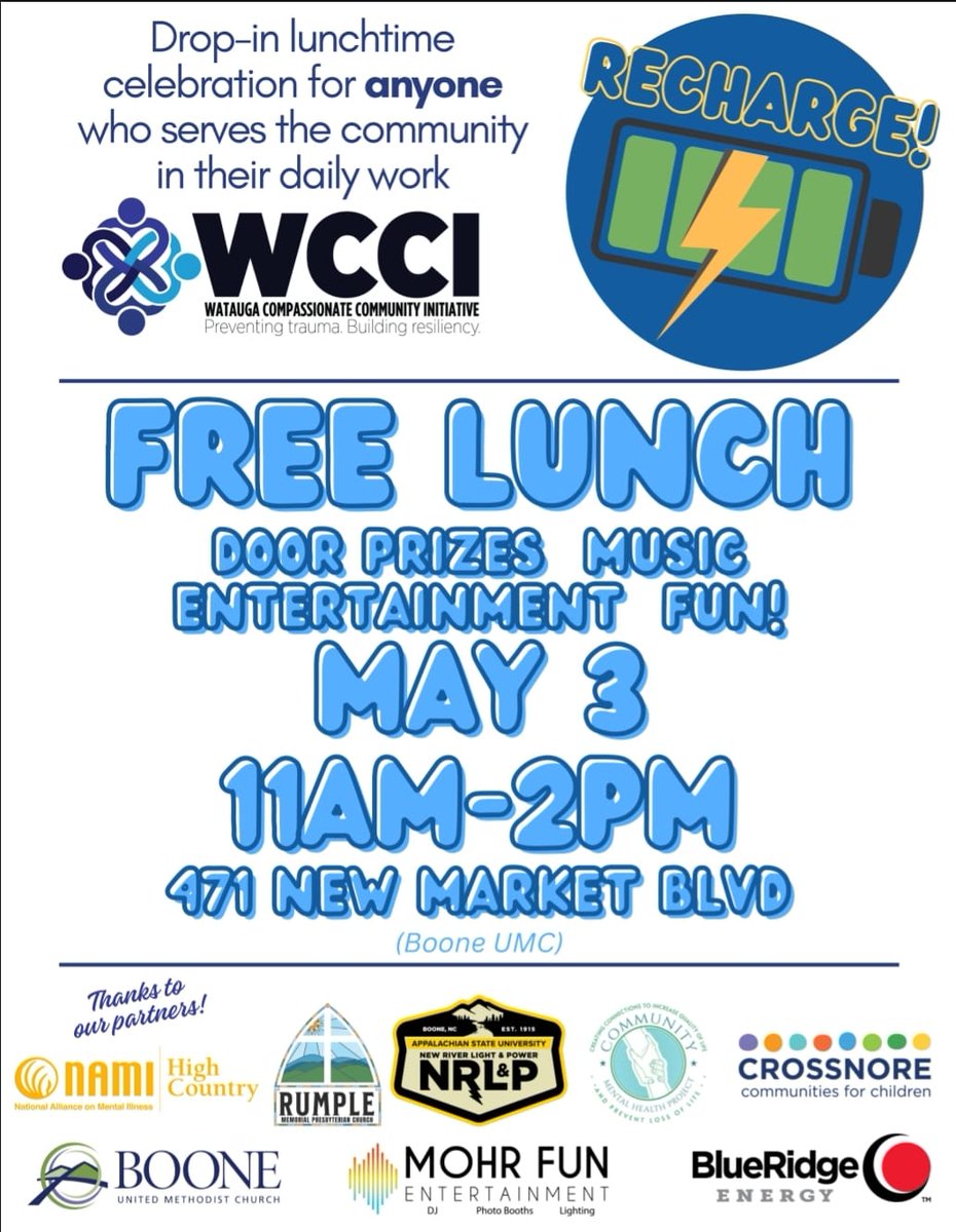 #NRLP is proud to join the Watauga Compassionate Community Initiative in helping ⚡recharge⚡️ the High Country!  

Stop by today from 11 a.m.–2 p.m. at Boone UMC to enjoy a free lunch, door prizes & more.  

#ThankYou to everyone who serves our #community!  
#PublicPower #Boone