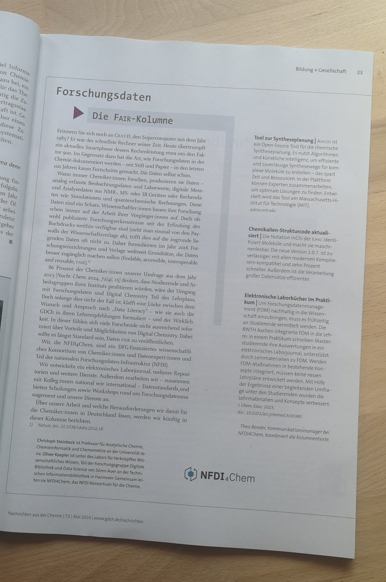 Fresh out of the letterbox and on the table: the new issue of Nachrichten aus der Chemie. Since this issue including a FAIR column in which we report on our challenges and successes. We are very pleased about this opportunity. Thanks to the NadC editorial team and enjoy reading.