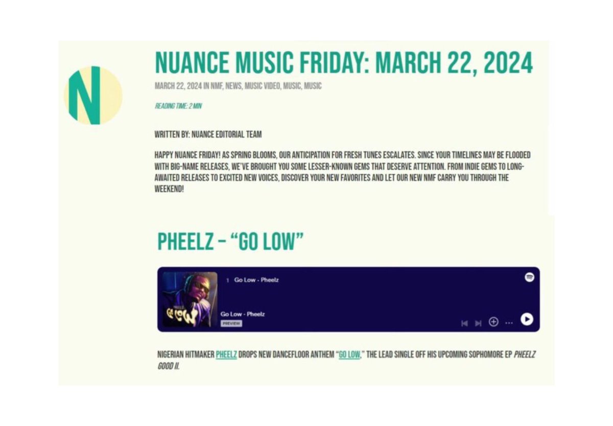 'New dancefloor anthem' - @thenuancemag on @Pheelz (March 2024)

➡️ thenuancemagazine.com/nuance-news-fe…

#WPGMPR #MusicPR #MediaRelations #NewMusic