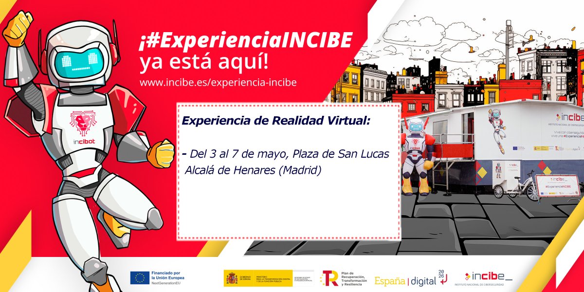 Embárcate en la #ExperienciaINCIBE y aprende sobre #ciberseguridad 🛡️. 

Los días 3, 4, 5, 6 y 7 de mayo nuestra experiencia de realidad virtual estará en la Plaza de San Lucas - Alcalá de Henares (#Madrid) 📍.

👀 ¡Descúbrela!

incibe.es/experiencia-in…

#NextGenerationEU ✔️