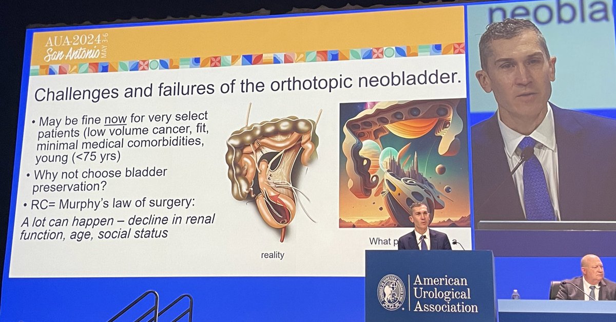 #AUA24 @AmerUrological annual meeting-plenary👉@JoshMeeks ‘s excellent talk on challenges of neobladder👉Who should get a neobladder after radical surgery for #bladdercancer ?👇quote by W Buffett: the secret to happiness in life is low expectations @OncoAlert @SWOG @SethlernerMD