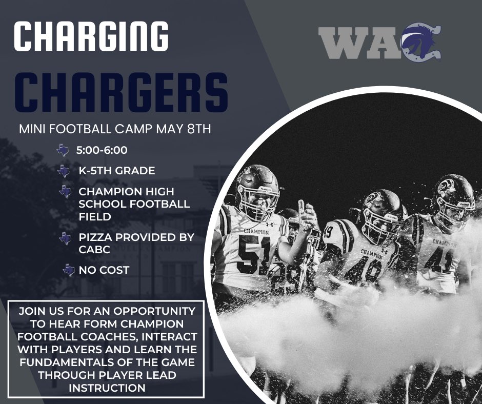 Future Chargers come join us next Wednesday for our spring mini football camp. @LeechStan @BoerneISD @CiboloCreekES @HerffES @FairOaksRanchES @KendallElem @FabraElem @VanRaubES