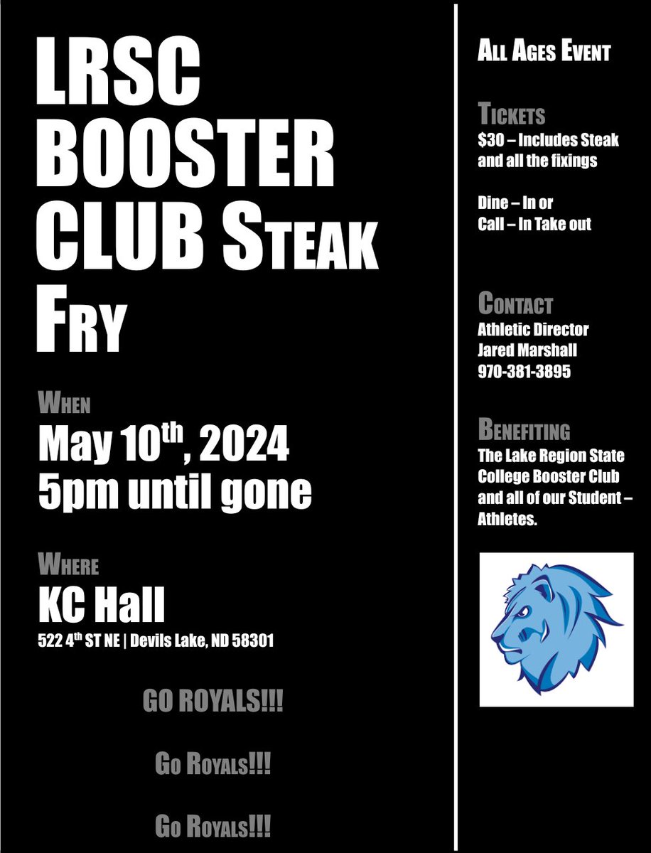 LRSCroyals's tweet image. We're one week away! Get your Booster Club Steak Fry tickets. Contact Athletic Director Jared Marshall (701-662-1523 | Jared.marshall@lrsc.edu), click the link below or scan the QR Code!

weblink.donorperfect.com/LakeRegionRoya…