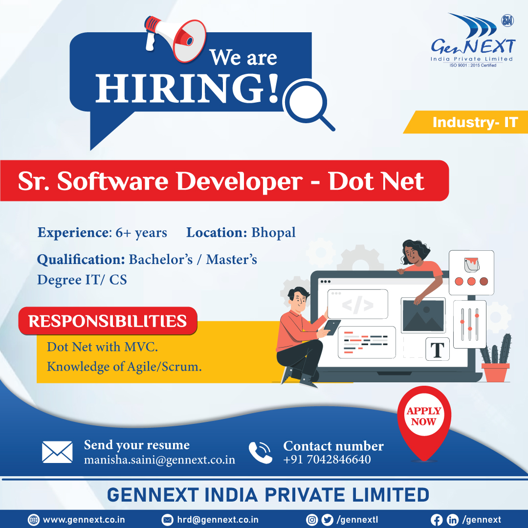 #UrgentHiring 💼📢🎯

Position: Senior Software Developer- Dot Net
Location: Bhopal

#SeniorSoftwareDeveloper #SoftwareDeveloper #IT #DotNet #Developer #jobsearch #Recruitment2024 #jobvacancy2024 #employment #hiringnow2024 #gennextjob #gennexthiring #GenNext #hiring2024
