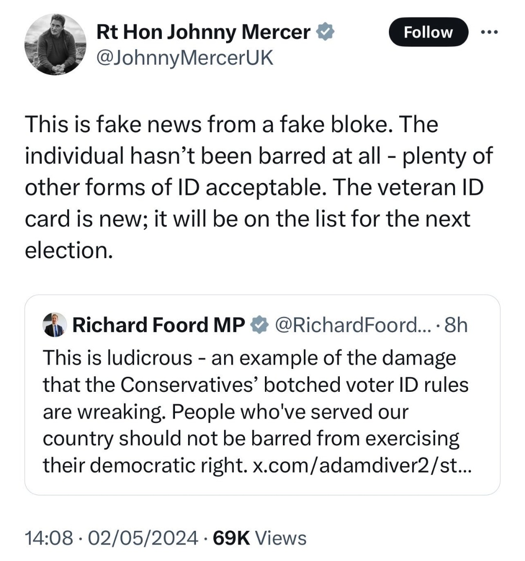 Johnny Mercer humiliated. Mercer has deleted a tweet claiming ex forces man, who couldn't use his veterans ID card as voter ID, was fake.