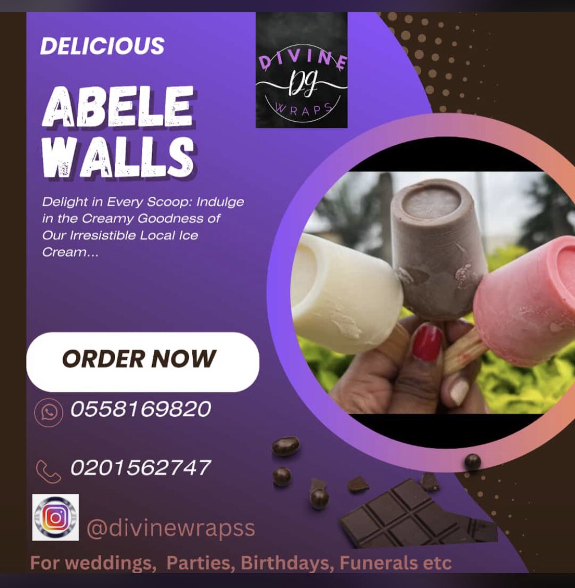 Do you feel for a dessert, Do u have the Hubtel app?, Just go to search engine, key in Abele, select Divine Wrap Abele Walls, select what you want, relax and wait as your delicious abele gets delivered to you in less than 20mins....