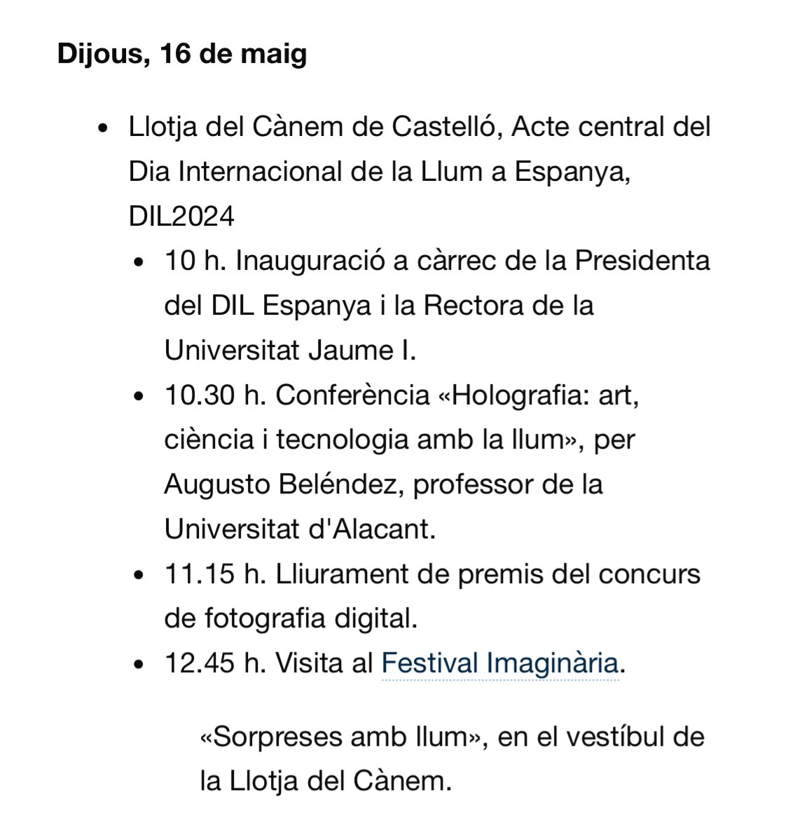 Augusto Beléndez, director del <a href="/GHPO_UA/">Group of Holography and Optical Processing</a> <a href="/UA_Universidad/">Universidad de Alicante UA</a> impartirá la conferencia “Holografía: arte, ciencia y tecnología con la luz” en el Acto Central del Día Internacional de la Luz en Castellón el 16 de mayo, organizado por <a href="/PhotonicsUji/">GROC•UJI</a> #lightday2024 uji.es/investigacio/b…