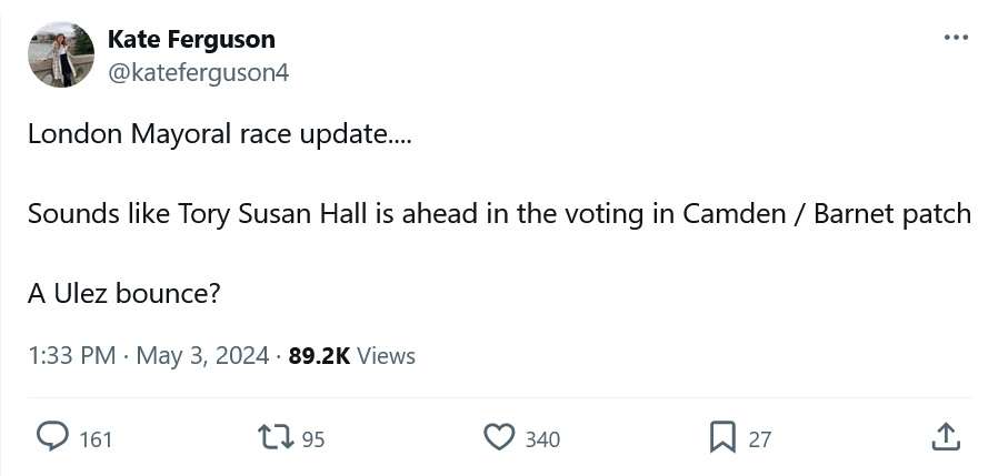 Political Editor at the Sun claiming that Susan Hall is ahead in the London Mayor race even though count doesn't start till Saturday Either she is lying, or she has illegal access, like the Phone Hacking scandal. Either way it is embarrassing or criminal, so don't RT.
