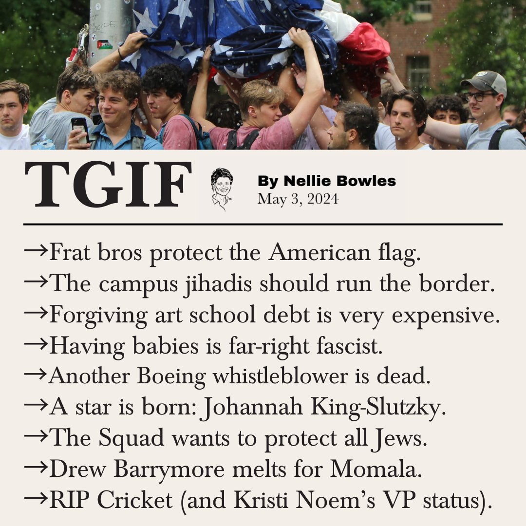 “Welcome back. I’m wearing my old Columbia sweatshirt and a Hamas headband—the look of the season.” @NellieBowles digs into the campus wars and much more in this week’s “TGIF: Don’t Tread on Me, Bro” newsletter. Read it in The FP: thefp.pub/4blheQr