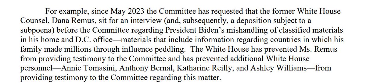 WH continues to block Remus and Reilly from testifying to House about role in covering up Biden's own possession of classified docs as well as (presumably) their involvement in working with NARA on initial 'destruction of documents' case against Trump: