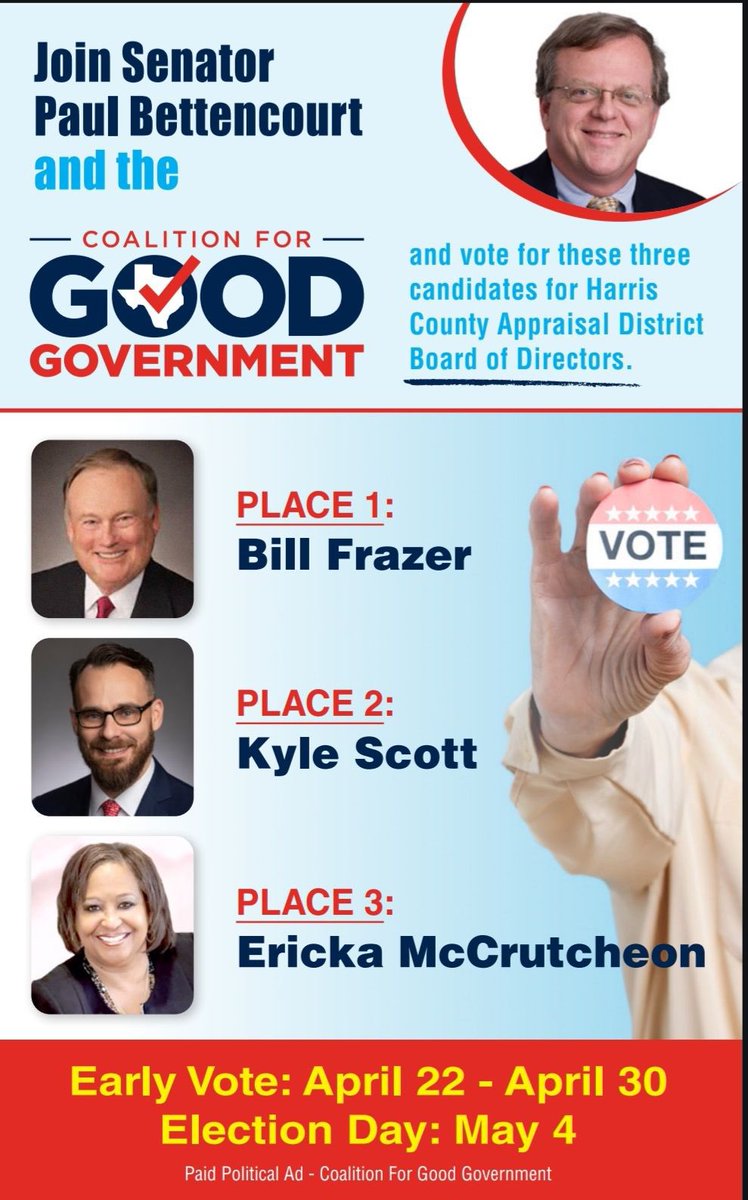 🚨 Critical Property Tax Reform Election this Saturday to get 3 pro-taxpayer voices elected to the Harris County Appraisal District Board of Directors! Vote for @Frazer4Houston, @kanthonyscott, and Ericka McCrutcheon! They will be primarily responsible for selecting ARB members