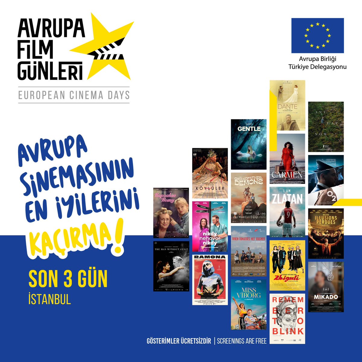 Zaman daralıyor, saat ilerliyor! ⏰Sadece 3 gün kaldı! 🎬Avrupa Film Günleri İstanbul'u sinemanın ışıltısıyla aydınlatmaya ve sinemaseverlere seçkin Avrupa yapımlarını sunmaya devam ediyor.🎉 Şehrinize özel gösterimler için takipte kalın ve bu muhteşem etkinliği kaçırmayın!
🇪🇺🇹🇷