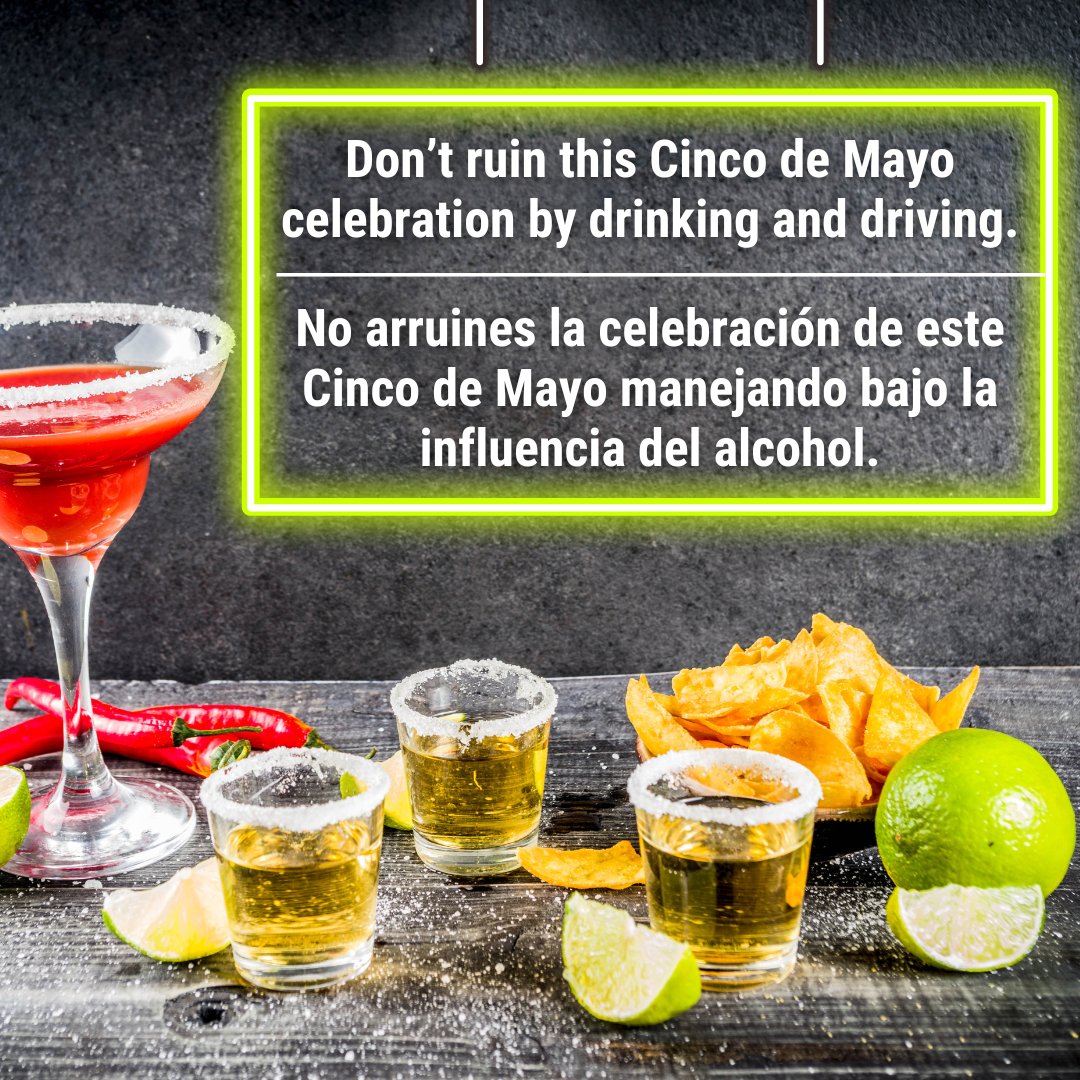 Designate a driver before the #CincoDeMayo party starts this weekend. Take a rideshare 🚗 or taxi 🚕 to get home safely. ____ Designa a un conductor sobrio antes de que empiece la fiesta. Pide un taxi 🚕 o usa tu aplicación de viajes compartidos 🚗. Llega sano y salvo a casa.