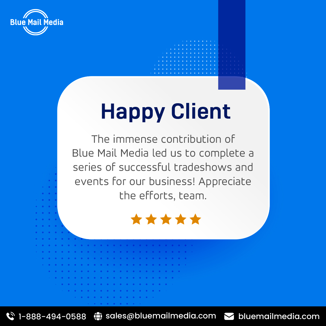 Client Spotlight 🌟 
Big thanks to #BlueMailMedia for making our tradeshows a success! Their dedication truly made the difference. Ready to elevate your event? Contact us today. Your success is our success!

#ClientTestimonial #SuccessStories #EventExcellence