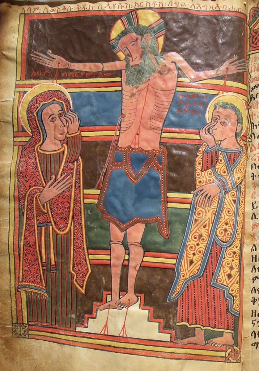 The delicacy of the garments, the living colors, the utter SORROW!

Ethiopia, 15th c.   #JesusChrist #StMary #crucifixion #StJohn #goodfriday #africanjesus #africanart