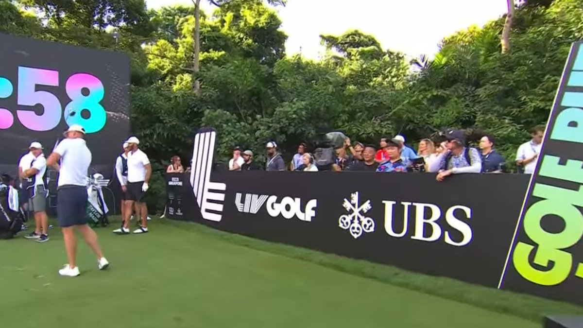 Wealth management firm @UBS with signage on the first tee at @livgolf_league's Singapore event this week. Am told at this point it's just a sponsorship for this event.