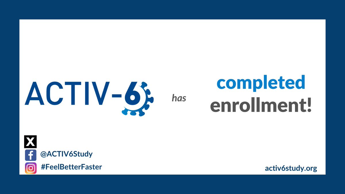 #ACTIV6Study Milestone | ACTIV-6 has reached its enrollment goal! Enrollment is closed, and we will continue to analyze and share results. Thank you to the 10k+ participants who have made a difference in #COVID19 #ClinicalResearch. activ6study.org @PCORnetwork @DCRINews
