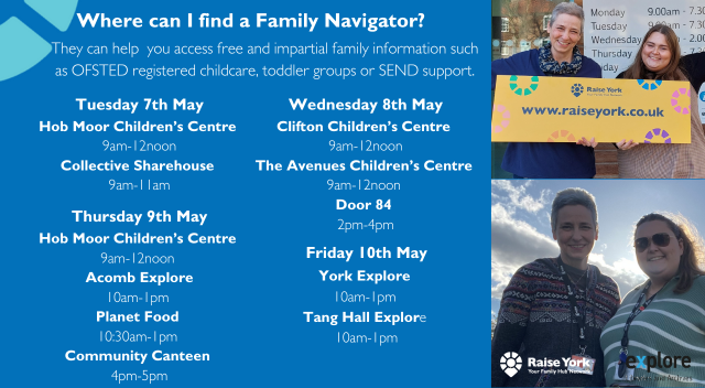 You can find our family navigators across the city this week. Including: Collective Sharehouse, Door 84 and the Tang Hall Community Centre. *Please note you must be a resident of Micklegate ward to access Collective Sharehouse resources. Where can I find a Family Navigator?