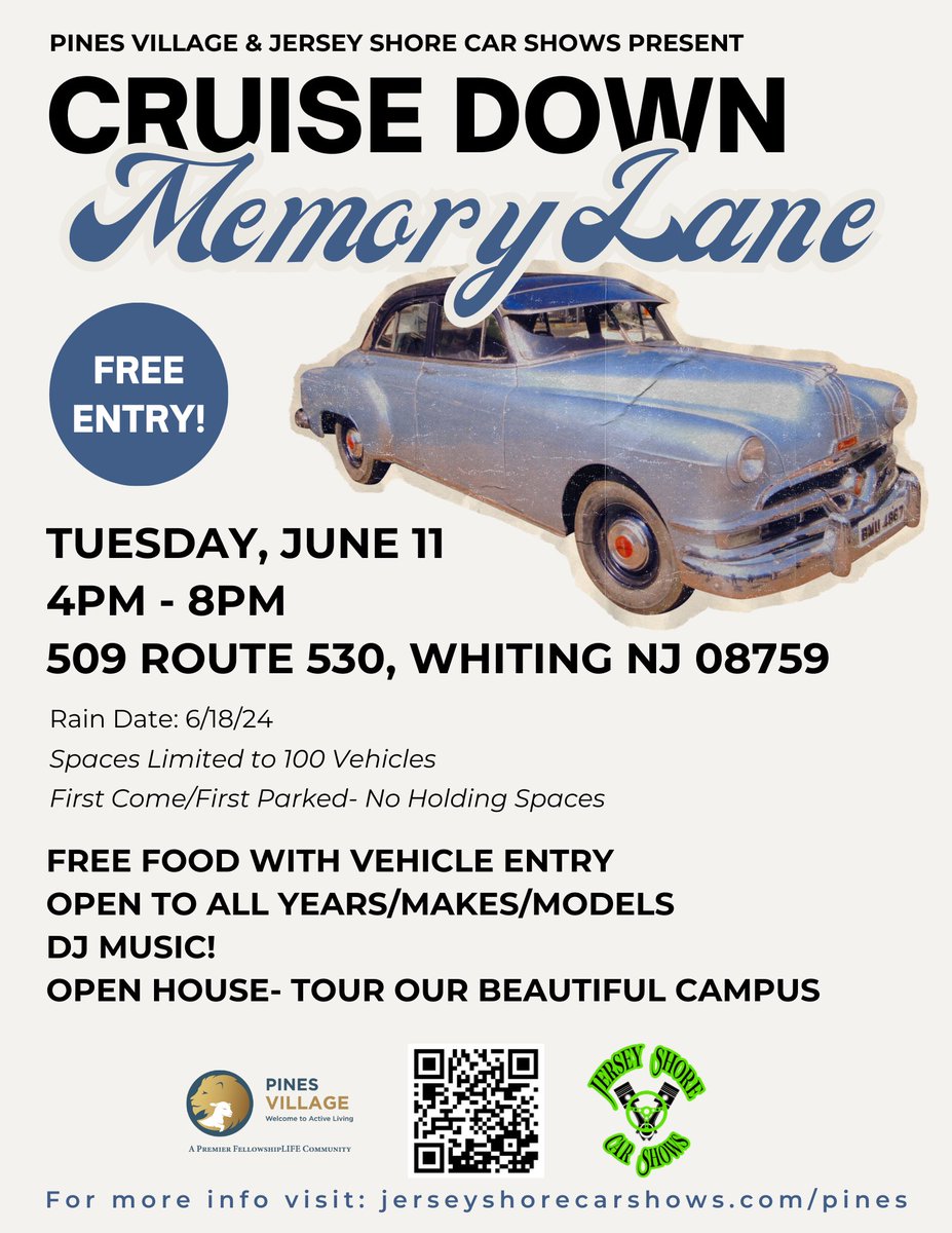 We're hosting our first ever Cruise Down Memory Lane car show on June 11 from 4pm to 8pm. Bring out your classic or collectable car or truck and join us for a fun-filled evening! #seniorliving #seniorlivingnj #Whitingnj #Freeevent #NJevents #southjerseyevents #carshow