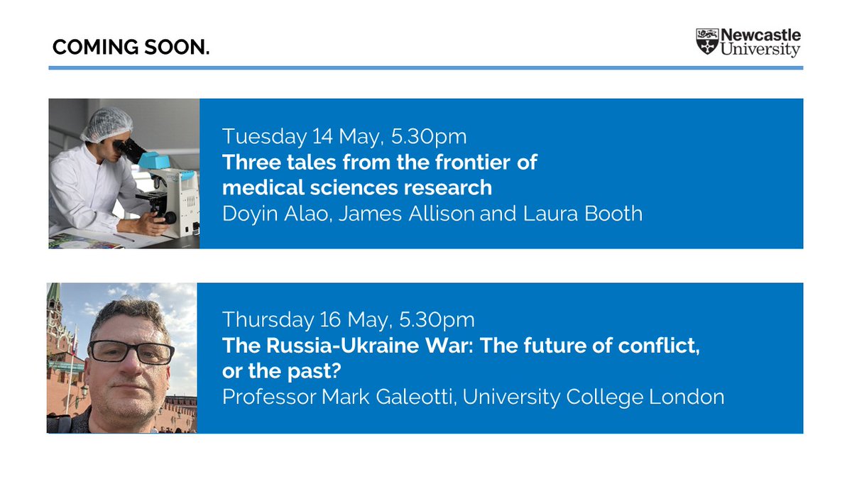 📅 Coming soon to @UniofNewcastle, in our final week of public lectures before the summer break: 14 May – Three tales from the frontier of medical sciences research 16 May - @MarkGaleotti 🎟️ Bookings open one week before each event