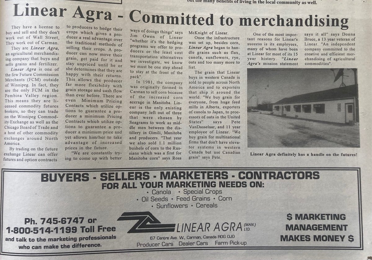 LinearGrainInc's tweet image. Article on our business from 1996 Valley Leader which is the Carman, MB and area paper.