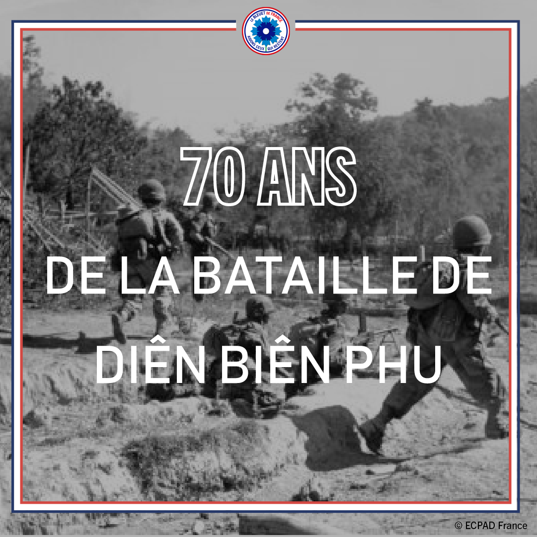 Nous commémorons aujourd'hui les 70e ans de la bataille de Diên Biên Phu qui mit fin à la guerre d'#Indochine. Après 57 jours de lutte, + de 4 000 morts & disparus et 5 000 blessés, le camp retranché dépose les armes le #7mai1954. Chaque geste compte 👉 don.bleuetdefrance.fr/don?reserved_m…
