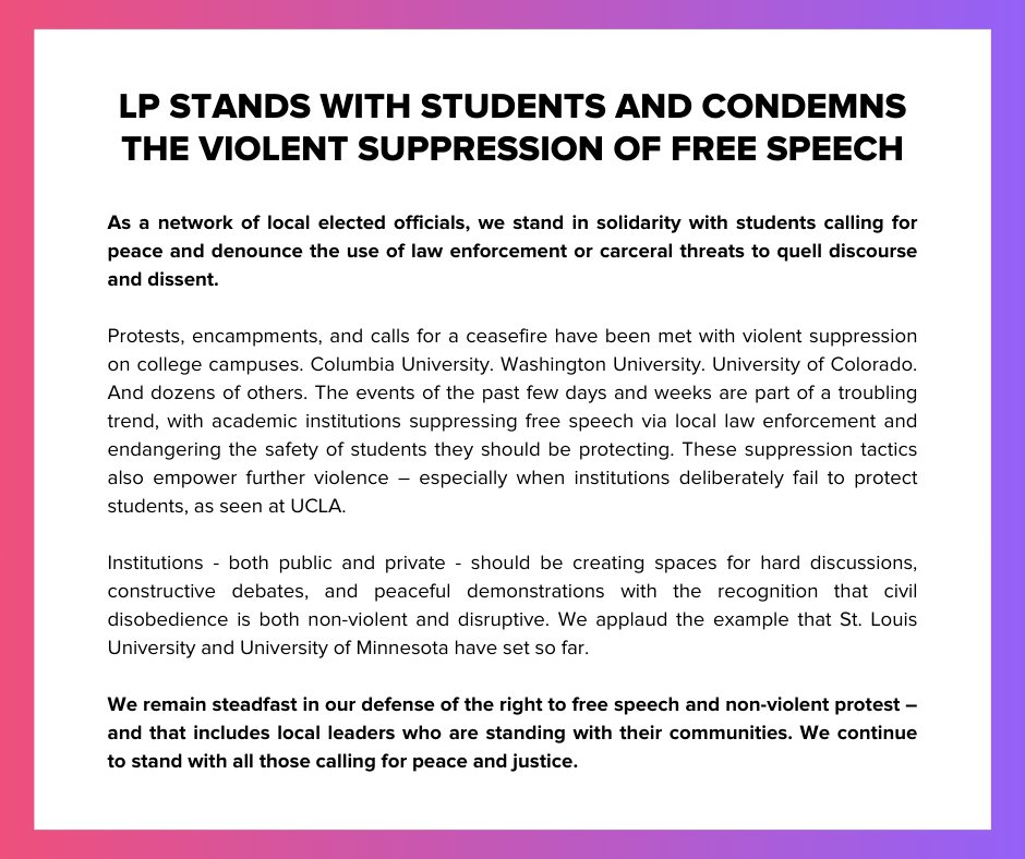 As a network of local elected officials, we stand in solidarity with students calling for peace and denounce the use of law enforcement or carceral threats to quell discourse and dissent. Our statement: localprog.org/SolidarityWith…