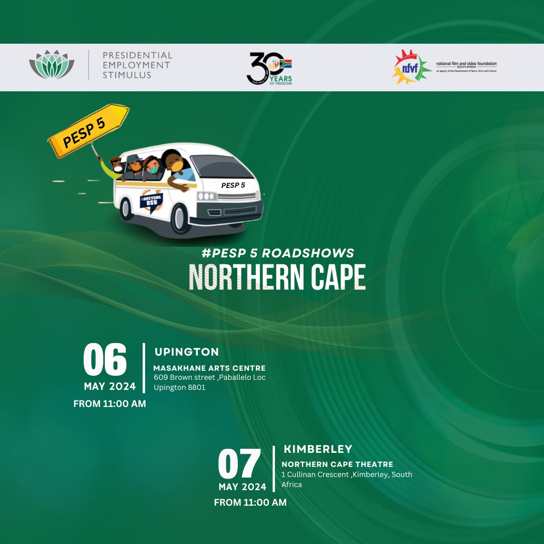 Northern Cape you are next! The PESP team will be in your province on 06 and 07 May 2024, in Upington and Kimberly, respectively. See you on Monday and Tuesday!

#lovesafilm
#PESP5