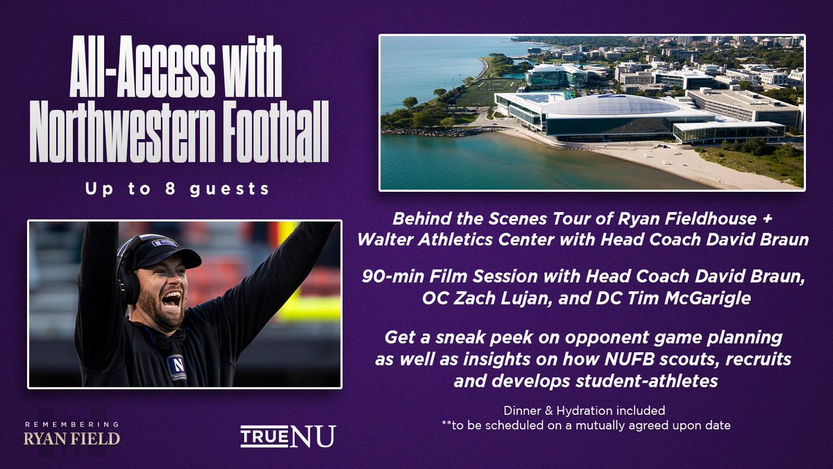 Introducing once-in-a-lifetime NU football fan experience benefitting @GoU_TrueNU ! 🏈David Braun tour of facility 🏈 X & 0s w/ Braun, NU OC & NU DC! 🏈Dinner and drinks w/coaches! 📆Bid May 6-May 10 ✅Text TrueNU to 76278 to sign-up