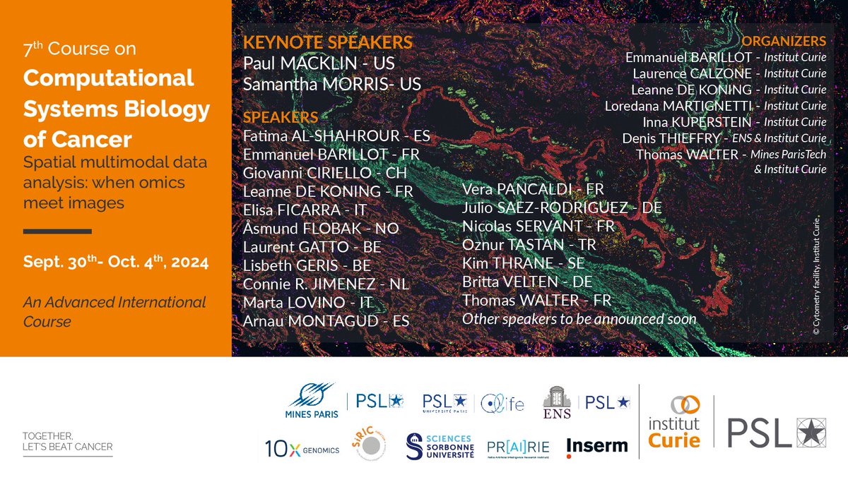 🎓 Registration for the 7th Course on Computational Systems Biology of Cancer 'Spatial multimodal data analysis: when omics meet images' at Institut Curie is now open! 📅 Registration deadline: June 30th, 2024 📝 Information & registration: training.institut-curie.org/courses/sysbio…