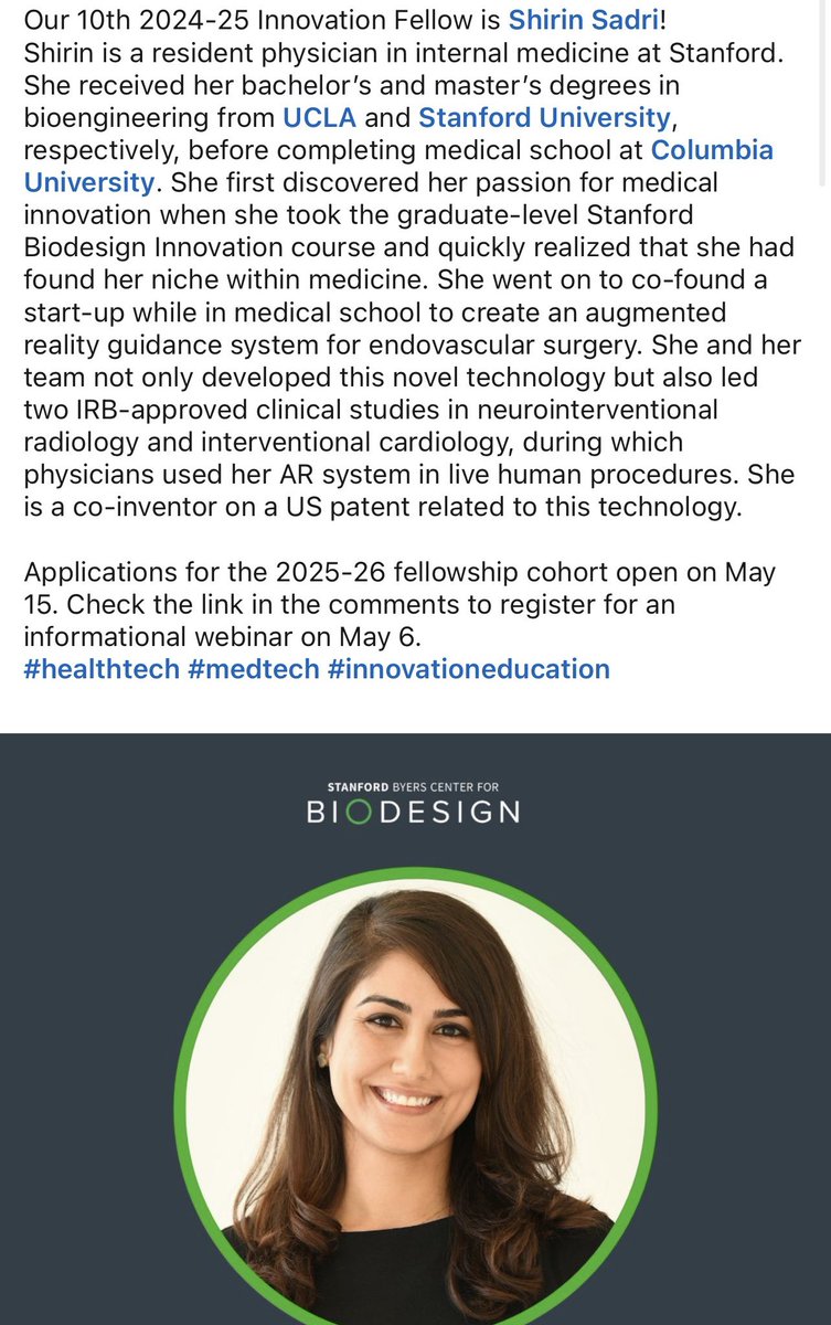 Dr Sadri, you continue to outdo yourself! Starting @Stanford Biodesign fellowship this summer. #proudsister #biodesign #womeninmedicine @shirin_sadri