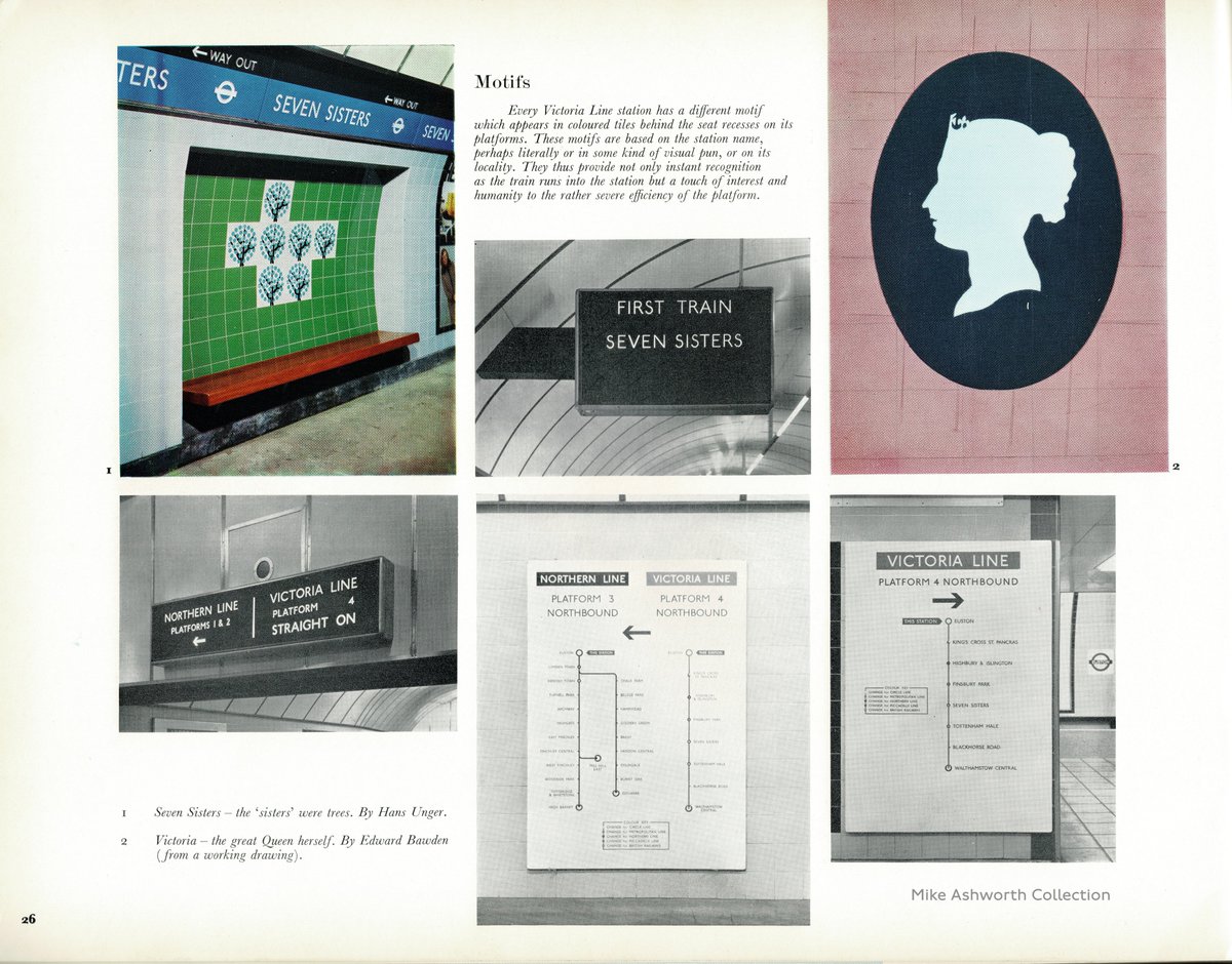 🧵'A touch of interest and humanity to the rather severe efficiency of the platform' : the ceramic tile motifs that adorn #London #Underground's Victoria line stations as seen in the opening brochure from 1969. Unger and Bawden here @NUL_Transport flic.kr/p/2pNUM1N