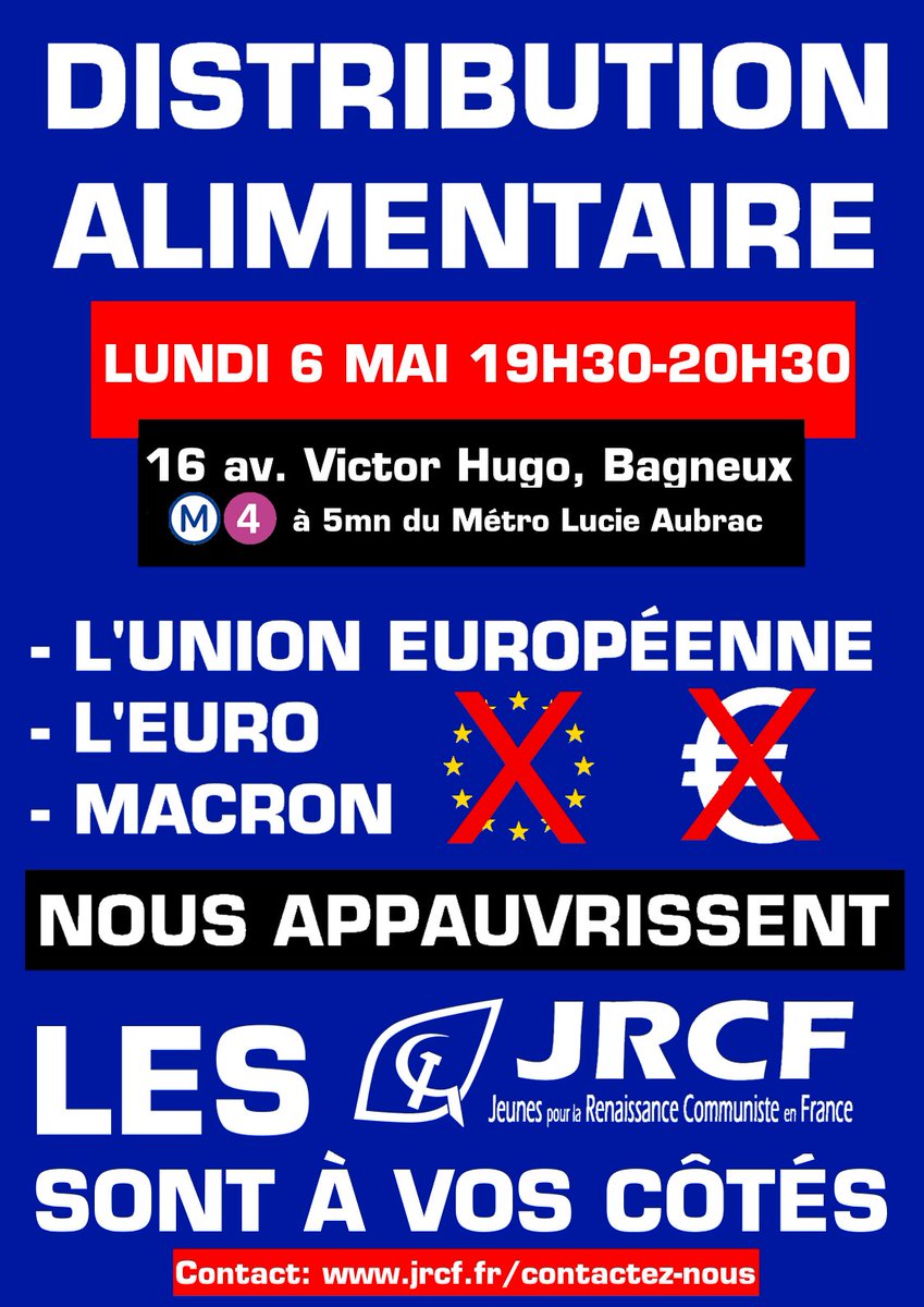 🚨 Nouvelle distribution alimentaire organisée par les @JRCF_ . Rendez vous ce lundi 6 mai à #bagneux . Heure et lieu ci-dessous ⬇️