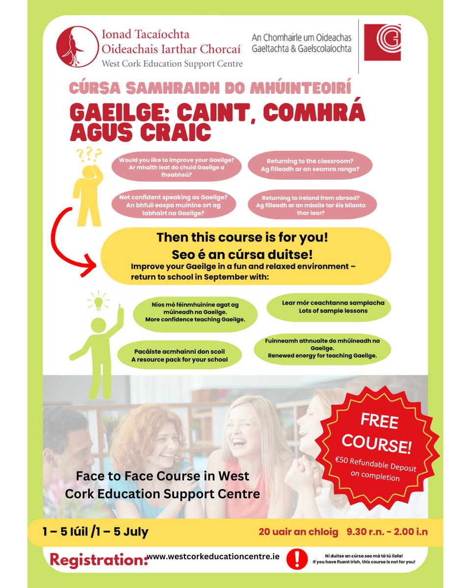 A FREE summer course for teachers who would like to spend time with the Irish language to improve their own confidence & competence in a positive & enjoyable atmosphere. Full details & booking info through westcorkeducationcentre.ie/cpd-courses.ht… @ESCItweets @DalyDympna