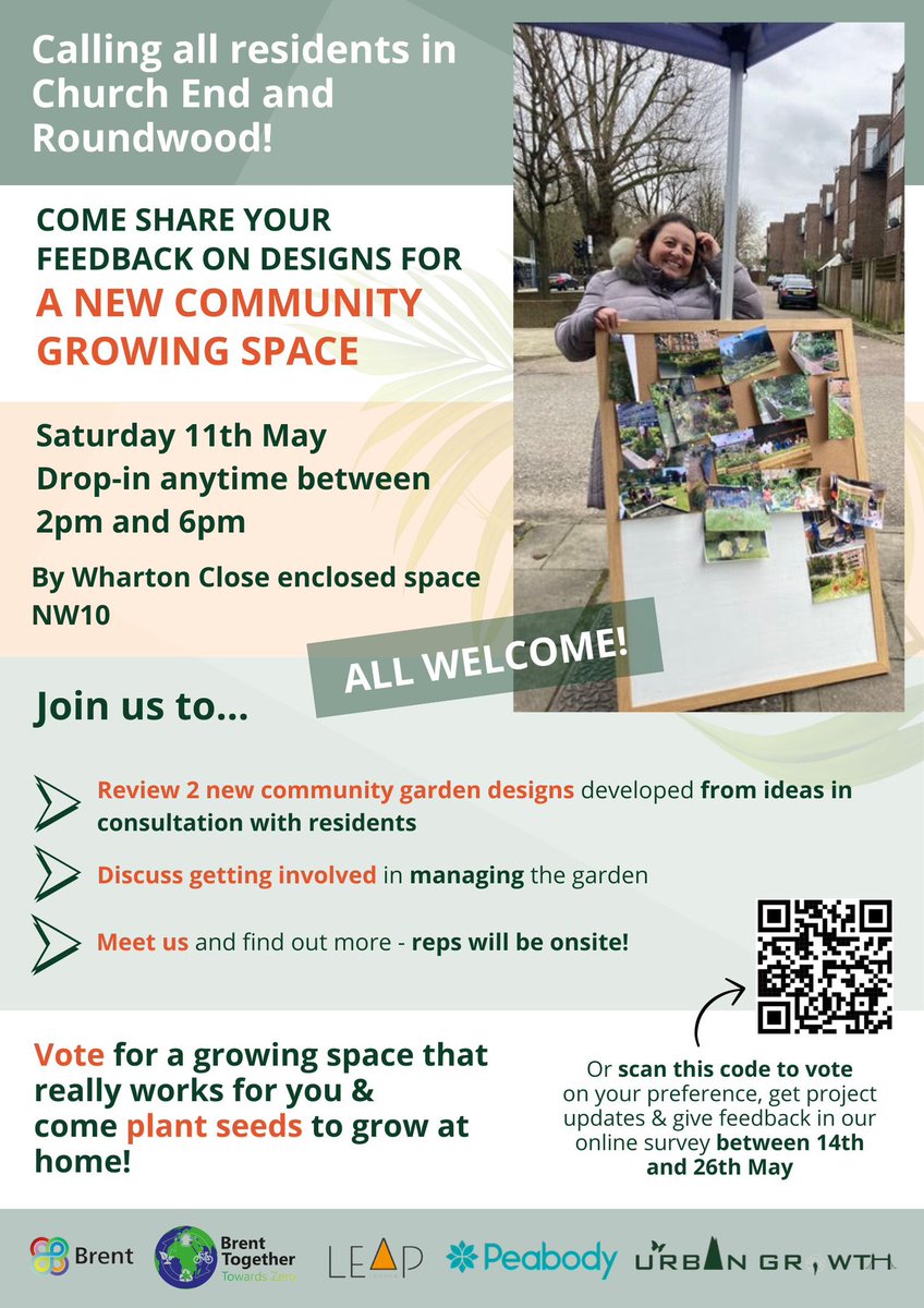 Community Garden Consultation  Sat 11 May, 2-6pm (drop -in event) Wharton Close, near St Mary's Church, Neasden Join us & share your thoughts on 2 design options for the community garden. The event builds on previous discussions with residents @kkrupas #togethertowardszero