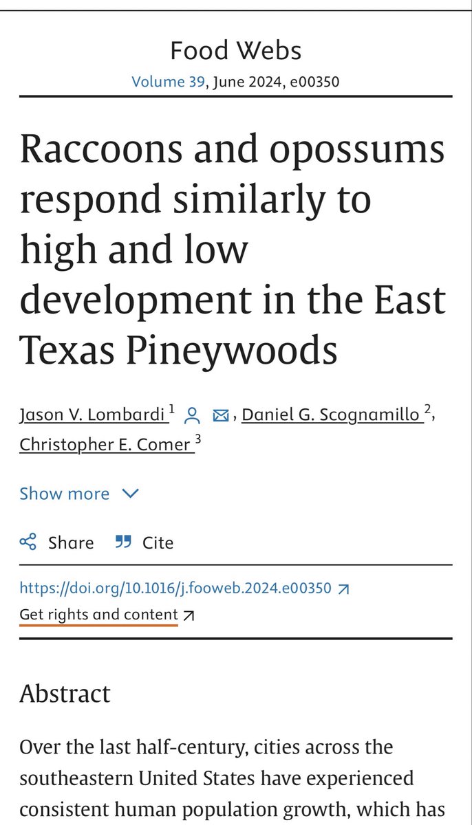 🚨 New Manuscript 🚨  
“Raccoons and opossums respond similarly to high and low development in the East Texas Pineywoods” 

Finally got last chapter of my thesis (2014) published and now have published ALL my MS/PhD work! 

sciencedirect.com/science/articl…
