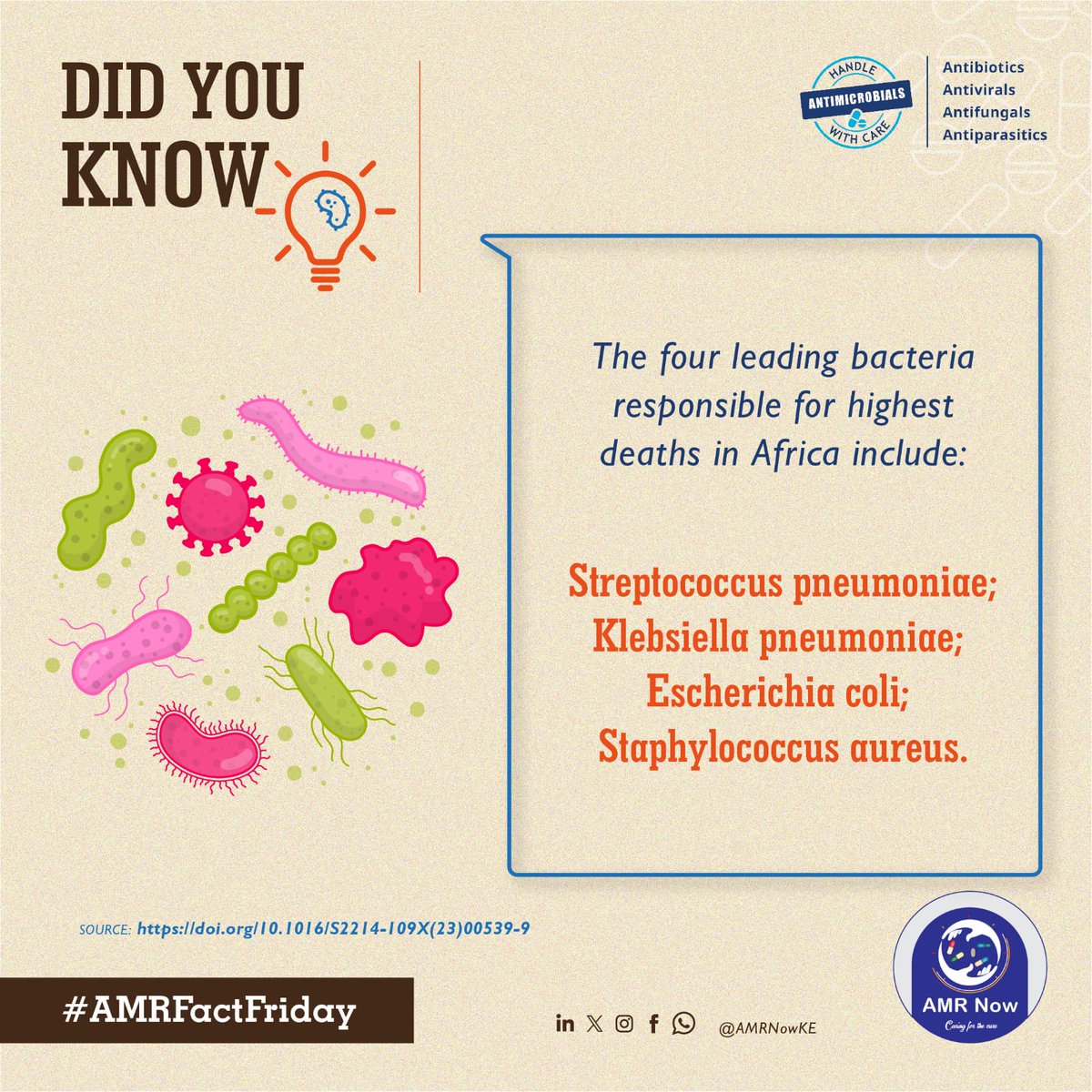 🦠#AMRFactFriday ⁉️DYK? AMR occurs when microorganisms(microbes) no longer respond to antimicrobial agents. These are very small organisms not visible with the bare eyes causing infections in humans and animals. 💡 The four leading bacteria responsible for highest deaths in