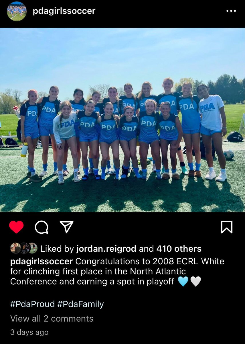 This past weekend, my PDA 08 ECNL RL team defended our #1 title in the North Atlantic Regional League for the second year back-to-back! Unfortunately, having an injury, I couldn't play. But seeing my teammates thrive was amazing. Can't wait to be in NC to compete at playoffs!