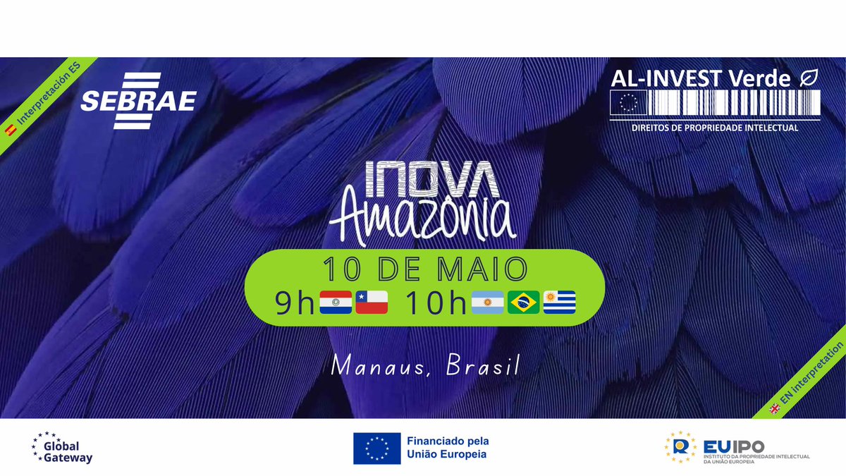 🇧🇷 #ALINVESTVerdeDPI co-patrocina a cúpula de bioeconomia Inova Amazônia! Confira abaixo a agenda em PT, ES ou EN 📅 10 de maio/mayo/may 🕧 8:45h 🇵🇾🇨🇱 9:45h 🇦🇷🇧🇷🇺🇾 15:45h 🇪🇺 📍 Manaus (BR) ou on-line 👉 Registro: forms.office.com/e/SuGcGKUjRs *Interpretación🇪🇸/Interpretation🇬🇧