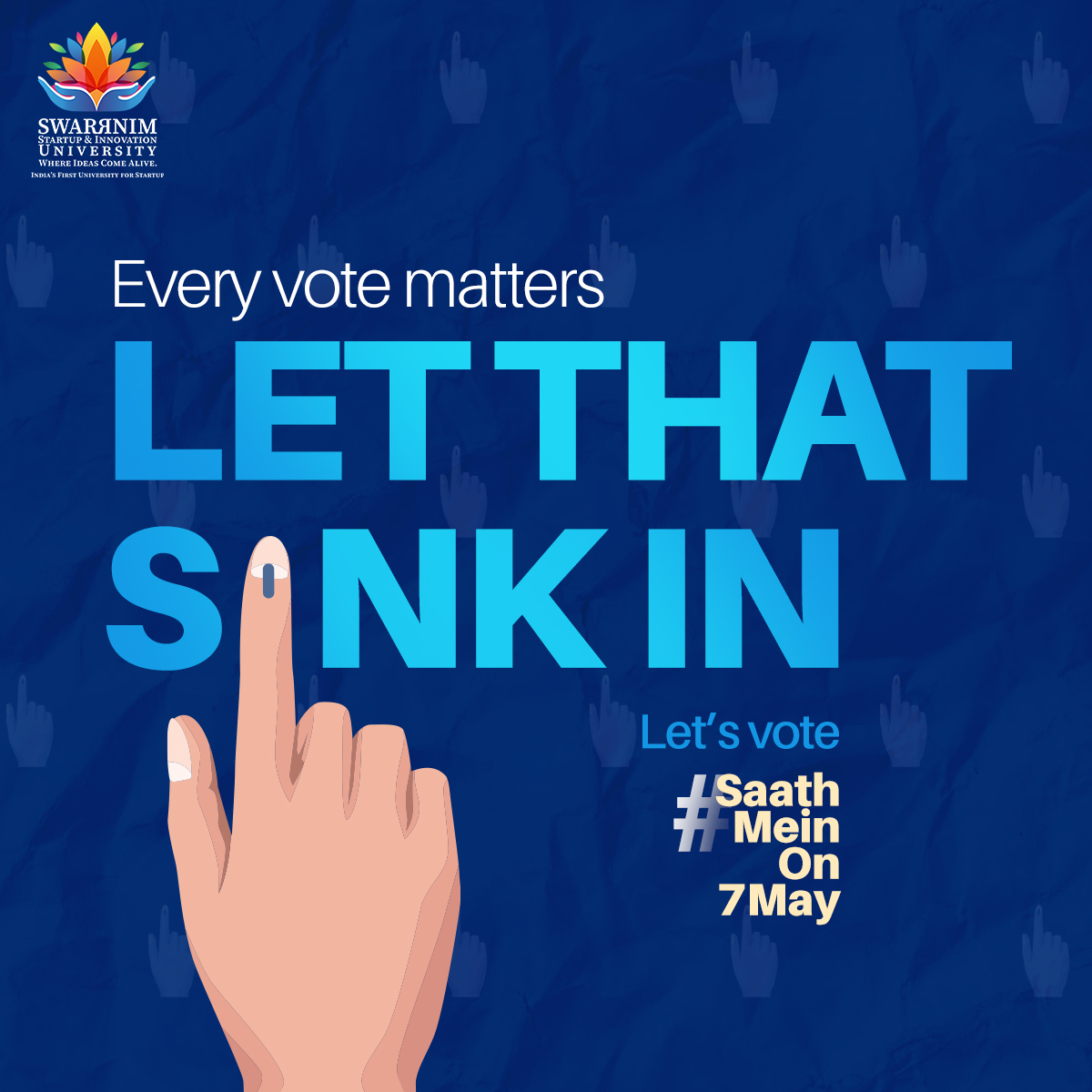 A vote for you. A vote for your every Indian. Gear up - it's almost time to vote #SaathMeinOn7May.

#VoteForYourFuture #SwarrnimVotes #YouthPower2024 #ChooseYourIndia #YourVoteYourVoice #DecideYourDestiny #IndiaVotes2024 #PowerOfYouth #MakeItCount2024 #VoteSmartVoteNow