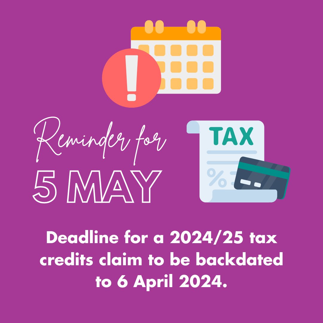 The deadline to backdate a 2024/25 tax credits claim to 6 April 2024 is on Sunday!

Don’t miss out, keep on top of your tax deadlines with our team’s support.

#TaxDeadline #TaxCredits