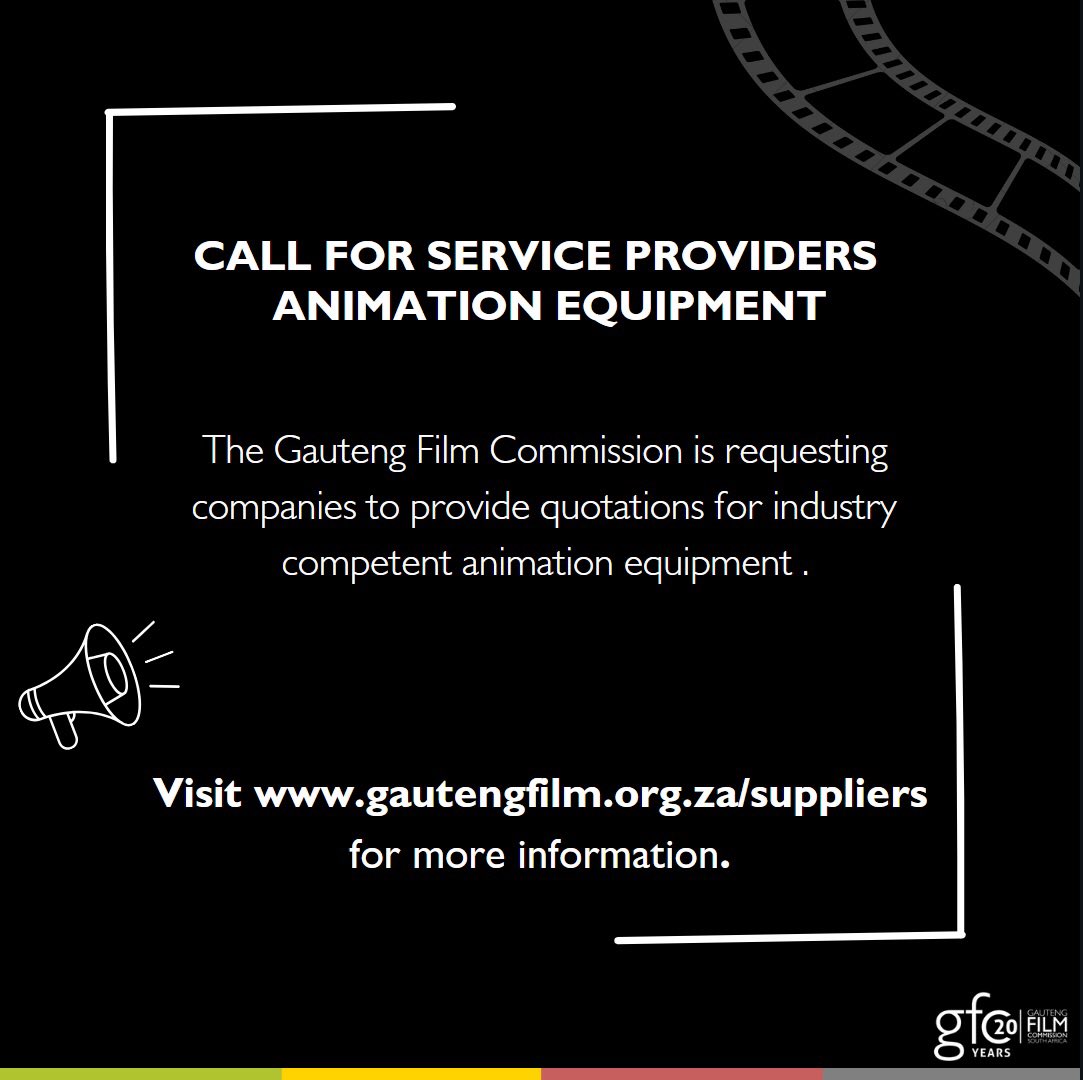 Opportunity Alert💡 The Gauteng Film Commission is requesting companies to provide quotations for industry competent animation equipment. Head to our website at gautengfilm.org.za/suppliers for more information✨