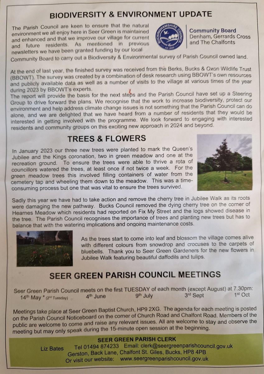To all @seergreenbucks residents, please look out for the Parish Council newsletter being hand delivered by volunteers this month. Includes updates on roads, biodiversity, environment, and community awards.