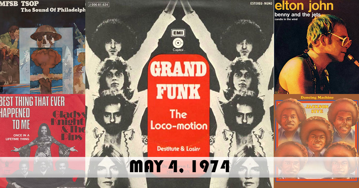 Here were the top songs fifty years ago today in 1974:
1. 'The Loco-Motion' - #GrandFunk
2. 'TSOP' - #MFSB
3. 'Bennie And The Jets' - #EltonJohn
4. 'Best Thing That Ever Happened To Me' - #GladysKnight & The Pips
5. 'Dancing Machine' - #Jackson5