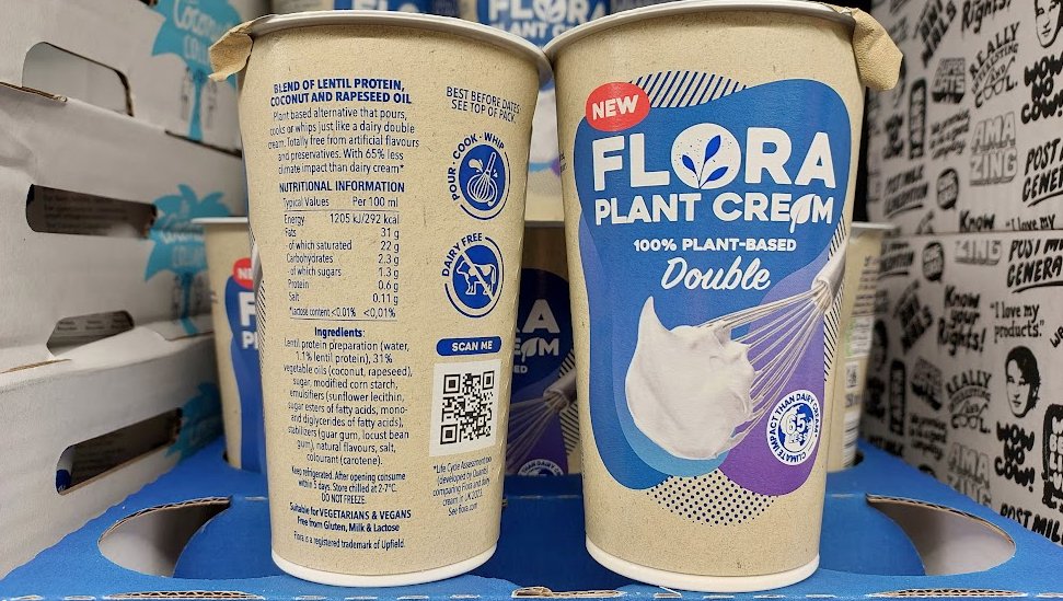 Has this done the rounds? Flora plant cream. Looks #14free; based on lentils and coconut; no allergens, no 'may contain'. Non-compliant 'free from gluten' claim. Spotted in Tesco. #vegan