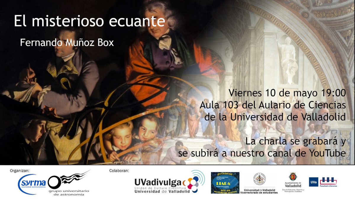 El próximo viernes presentamos la charla de Fernando Muñoz "El misterioso ecuante" que tratará de antiguos métodos geométricos de calcular órbitas de planetas. Como siempre os esperamos a las 19:00 en el aula 103. ¡Hasta entonces!