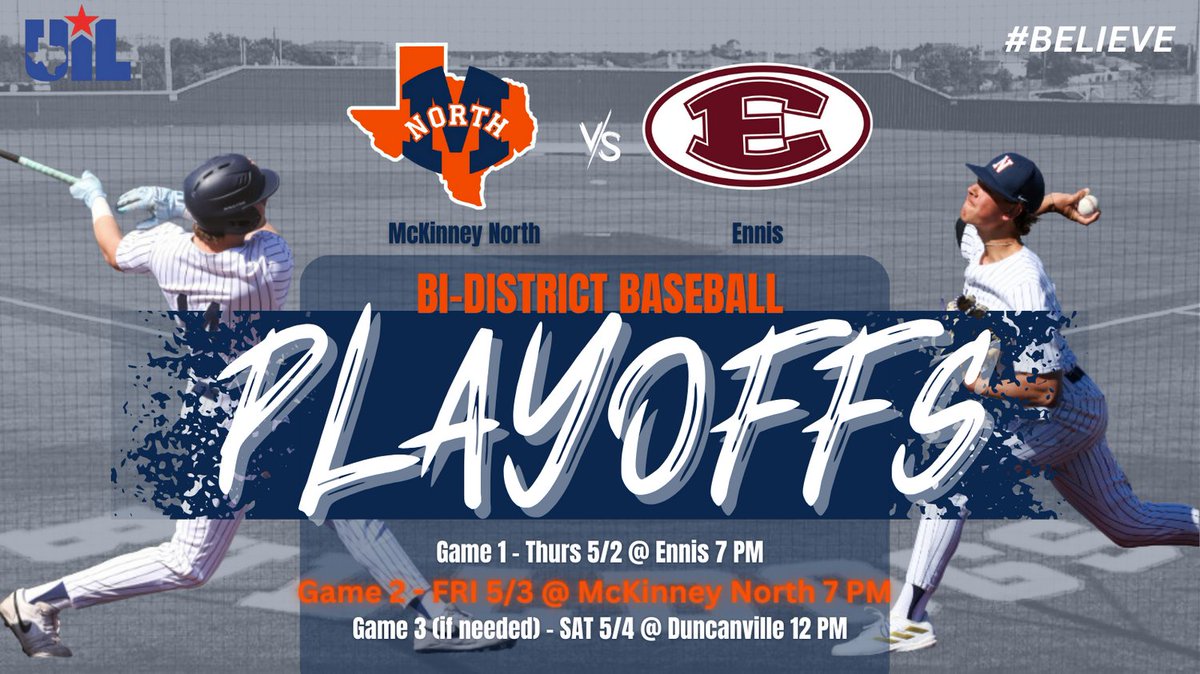 Game 2 of our first playoff round is at home tonight against Ennis. Come be loud and cheer on our guys. First pitch is at 7PM. See you there!