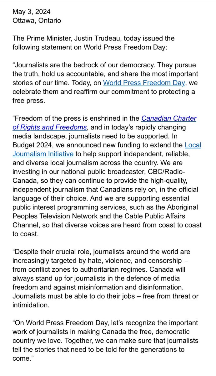 Justin Trudeau’s statement for World Press Freedom Day. #cdnpoli